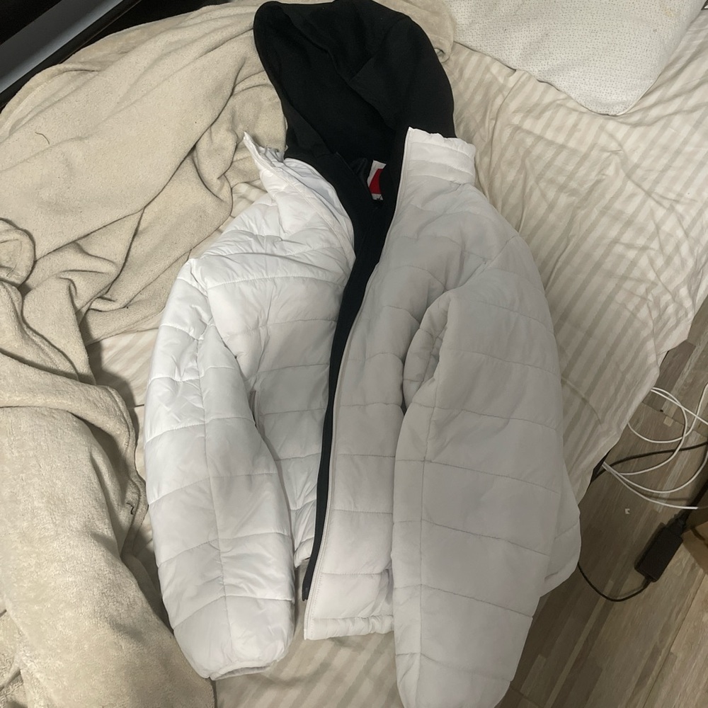 Guess White Puffer Jacket with Black Hood